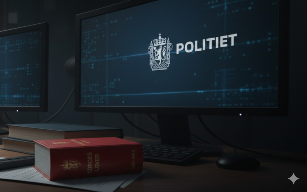 Bilde av en lovsamling på en kontorpult med dataskjermer som viser logoen til politiet