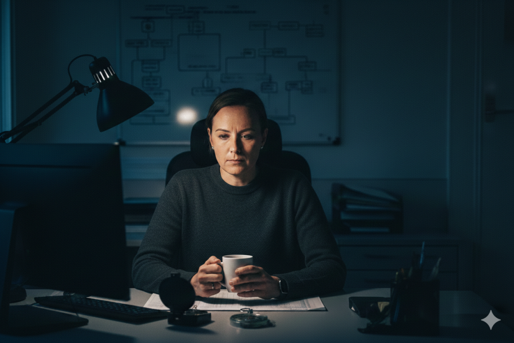 Kvinnelig leder i politiet betenkt foran pulten nattestid