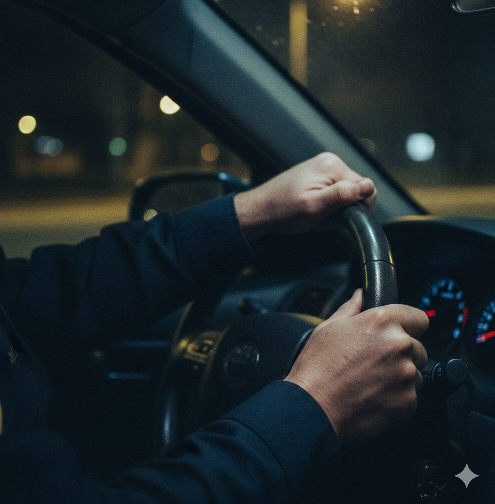 To armer som griper rundt et rattet i en bil.